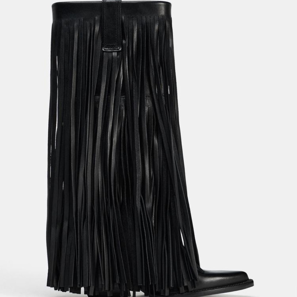 Zara LEATHER COWBOY BOOTS WITH FRINGING NWT OBO